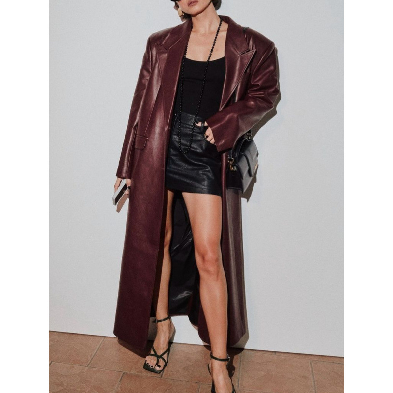 Women Autumn Long Leather Jack - Streetwear Brand Belts avaliação e preço